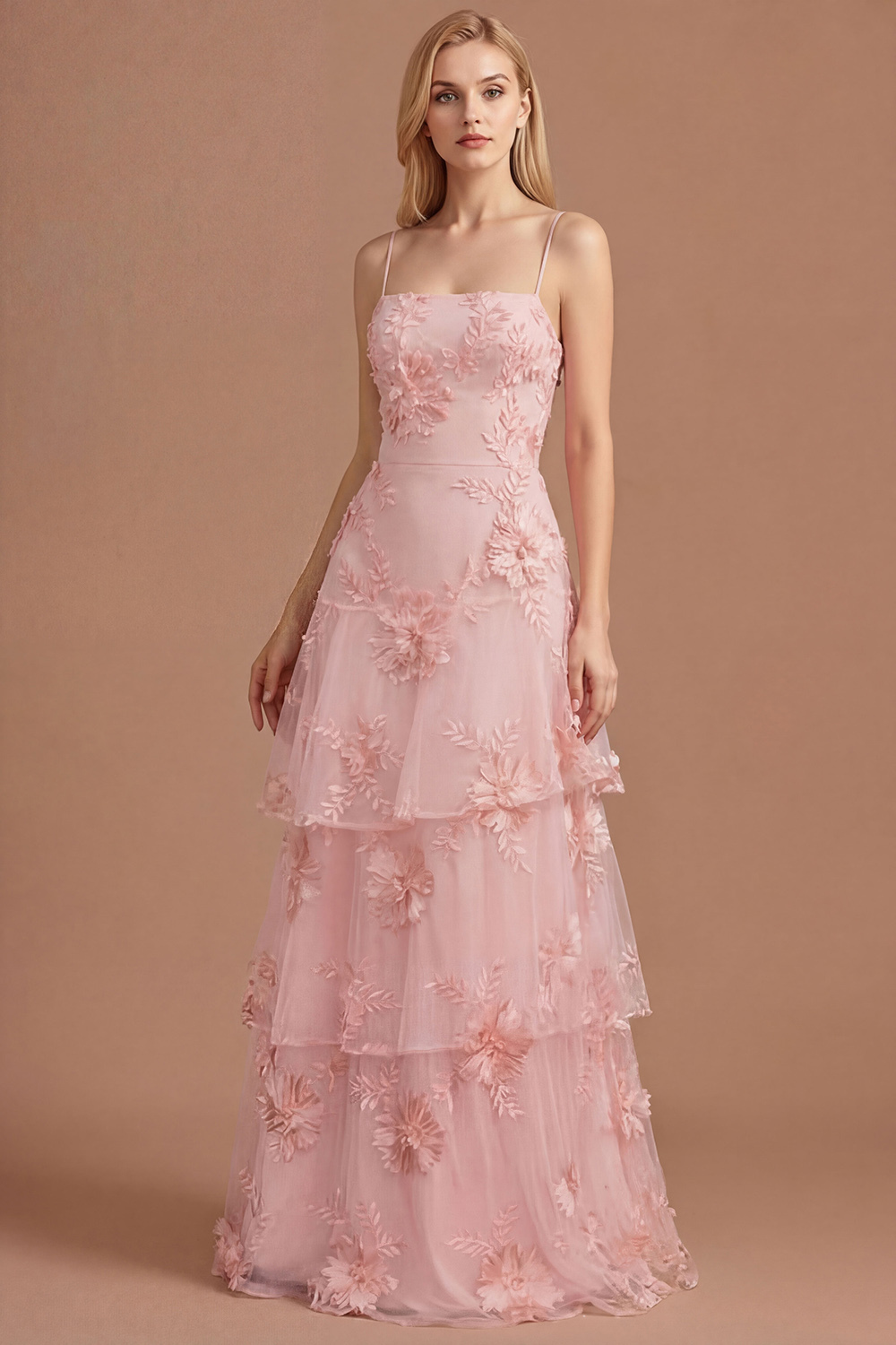 Leely Women Yellow Floral Spaghetti Straps Tiered Long Formal Dress Appliqued Ruffled Tiered Wedding Guest Dress