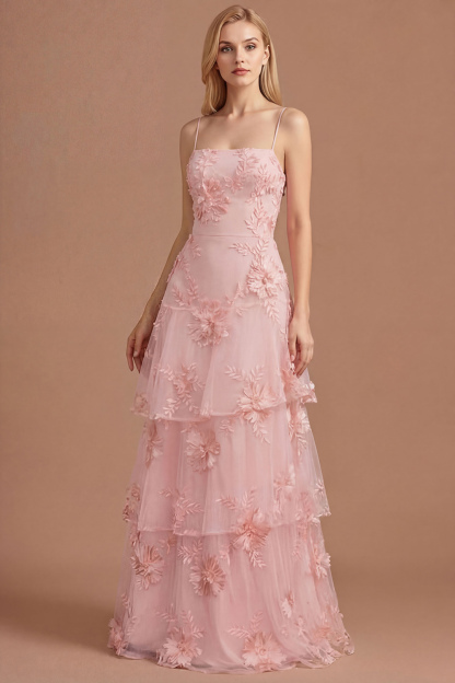 Leely Women Yellow Floral Spaghetti Straps Tiered Long Formal Dress Appliqued Ruffled Tiered Wedding Guest Dress