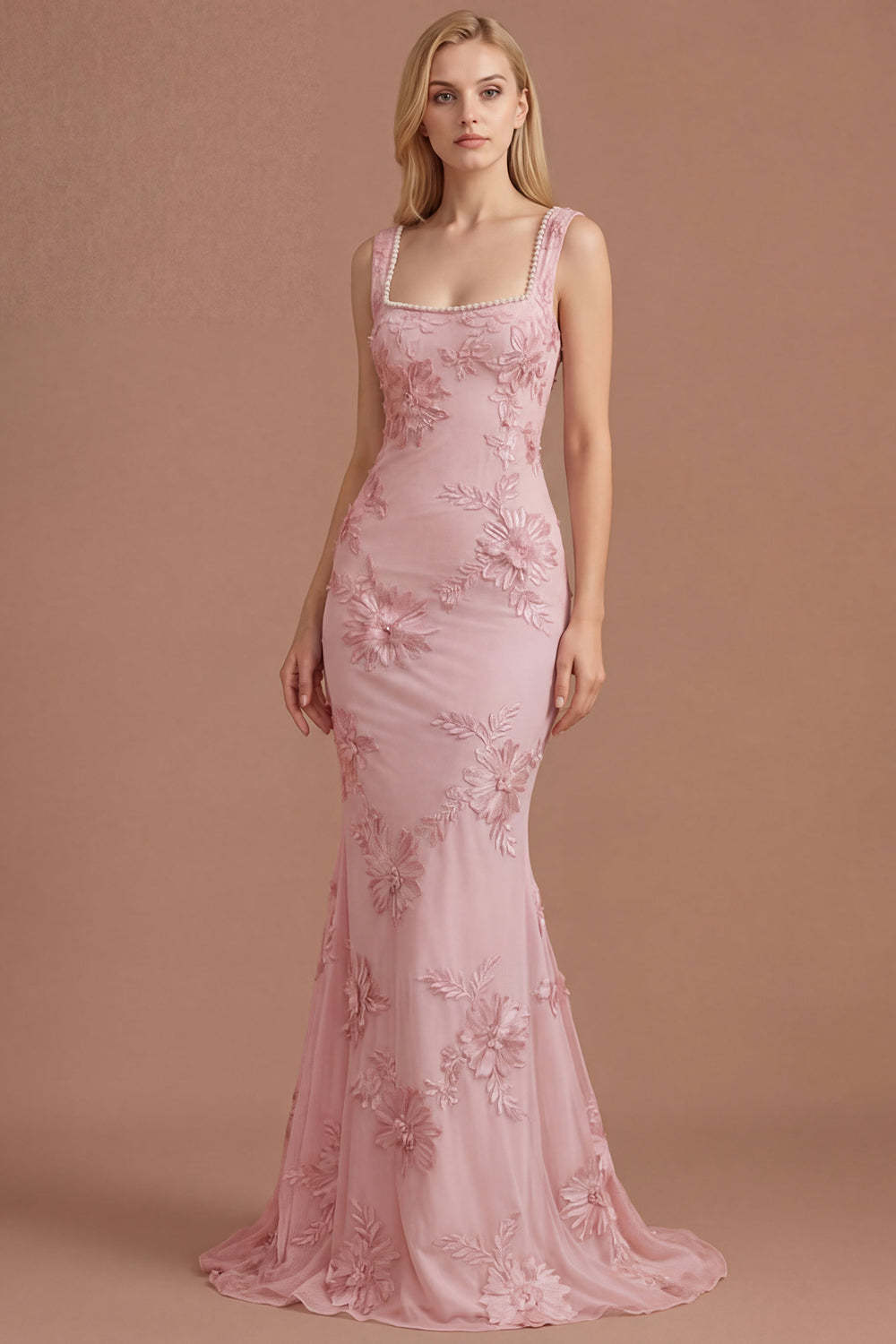 Leely Women Yellow Beaded Floral Mermaid Appliqued Long Prom Dress Square Neck Sleeveless Backless Wedding Guest Dress