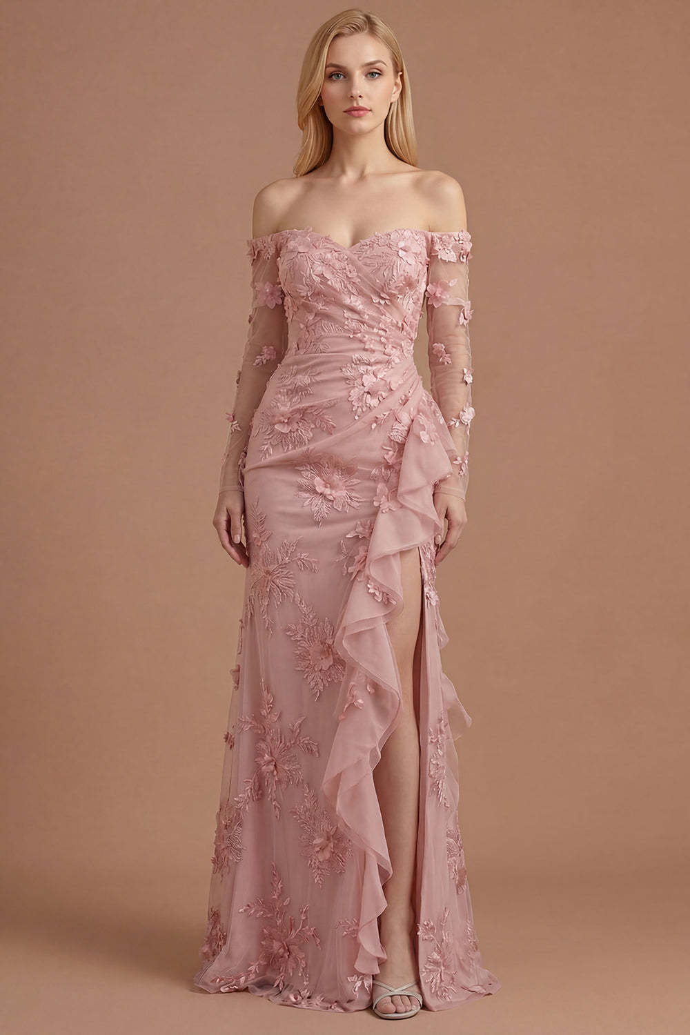 Yellow Floral Appliqued Off the Shoulder Ruffled Long Prom Dress with Slit