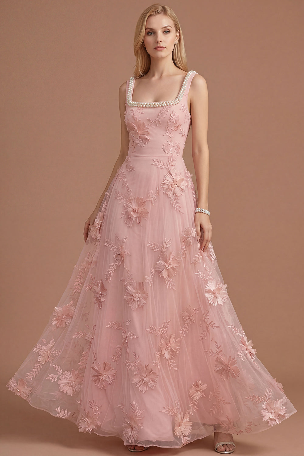 Sparkly Beaded Yellow A Line Square Neck Floral Appliqued Long Prom Dress