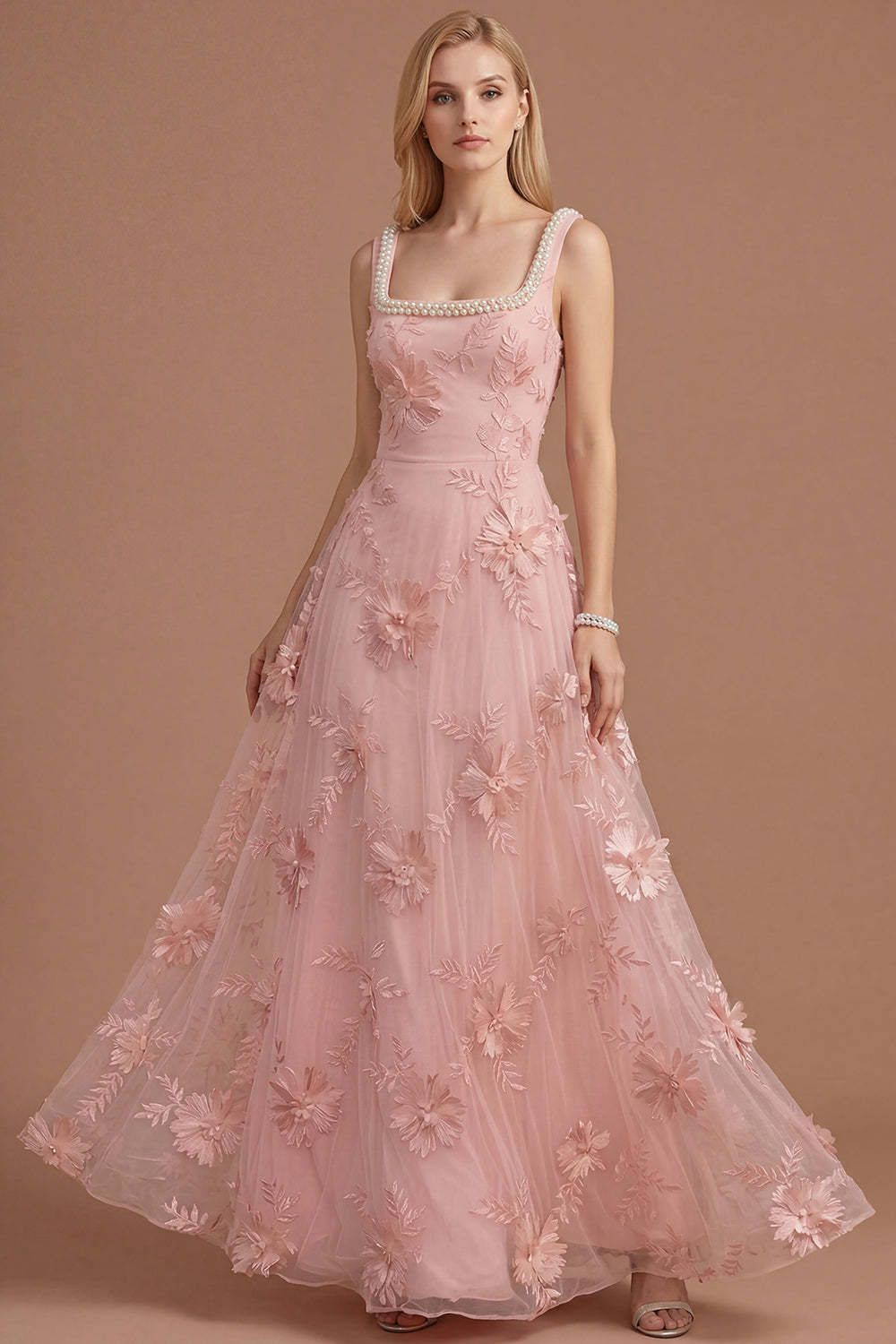 Sparkly Beaded Yellow A Line Square Neck Floral Appliqued Long Prom Dress