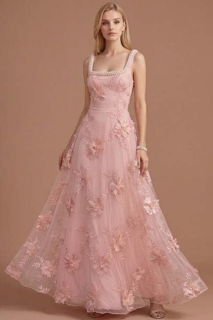 Sparkly Beaded Yellow A Line Square Neck Floral Appliqued Long Prom Dress