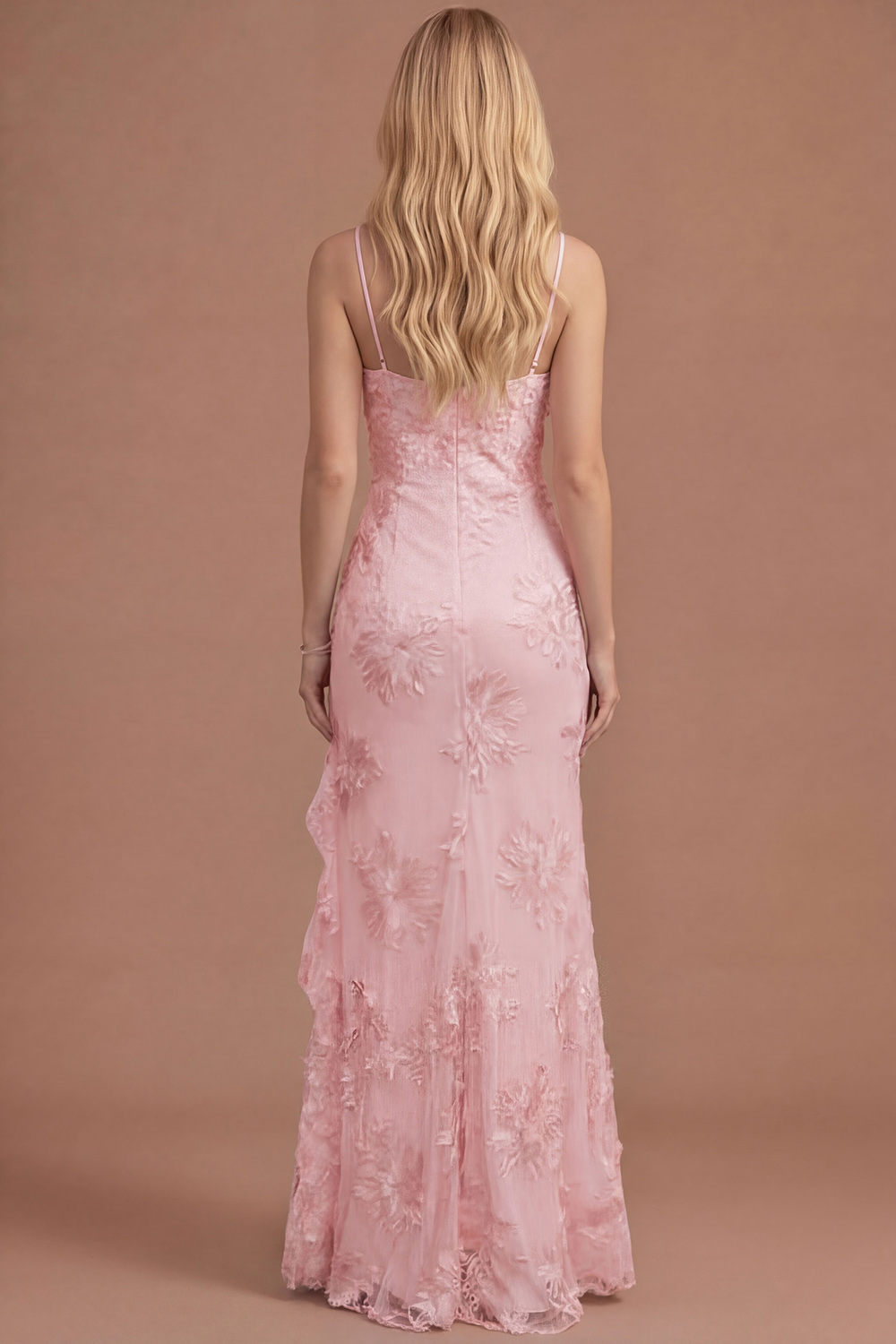 Yellow Mermaid Floral Spaghetti Straps Ruffled Long Formal Dress with Slit