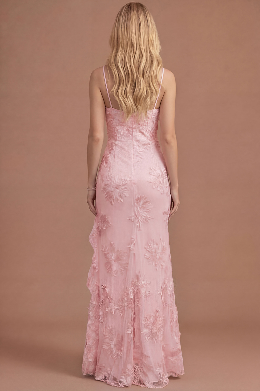 Yellow Mermaid Floral Spaghetti Straps Ruffled Long Formal Dress with Slit
