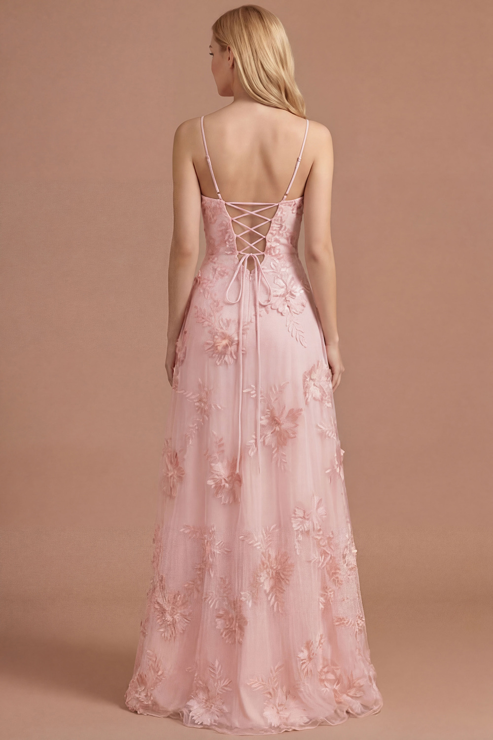 Yellow Floral Spaghetti Straps Appliqued Long Formal Dress