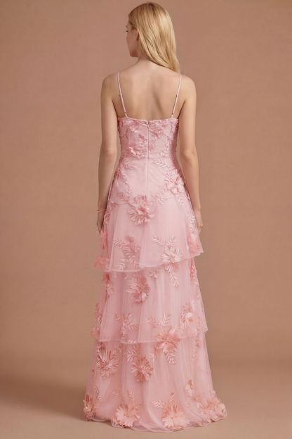 Yellow Floral Spaghetti Straps Appliqued Ruffled Tiered Long Formal Dress