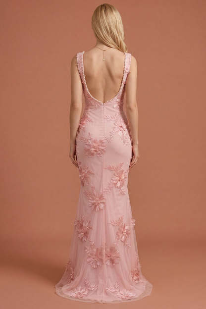 Yellow Beaded Floral Mermaid Appliqued Long Prom Dress