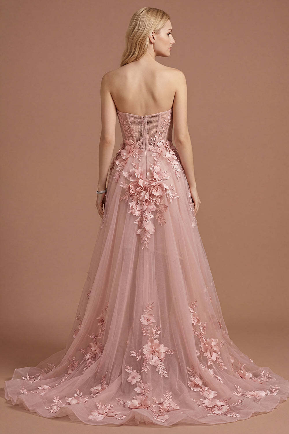 Yellow Floral Appliqued Corset A Line High Low Prom Dress