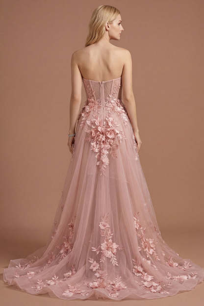 Yellow Floral Appliqued Corset A Line High Low Prom Dress