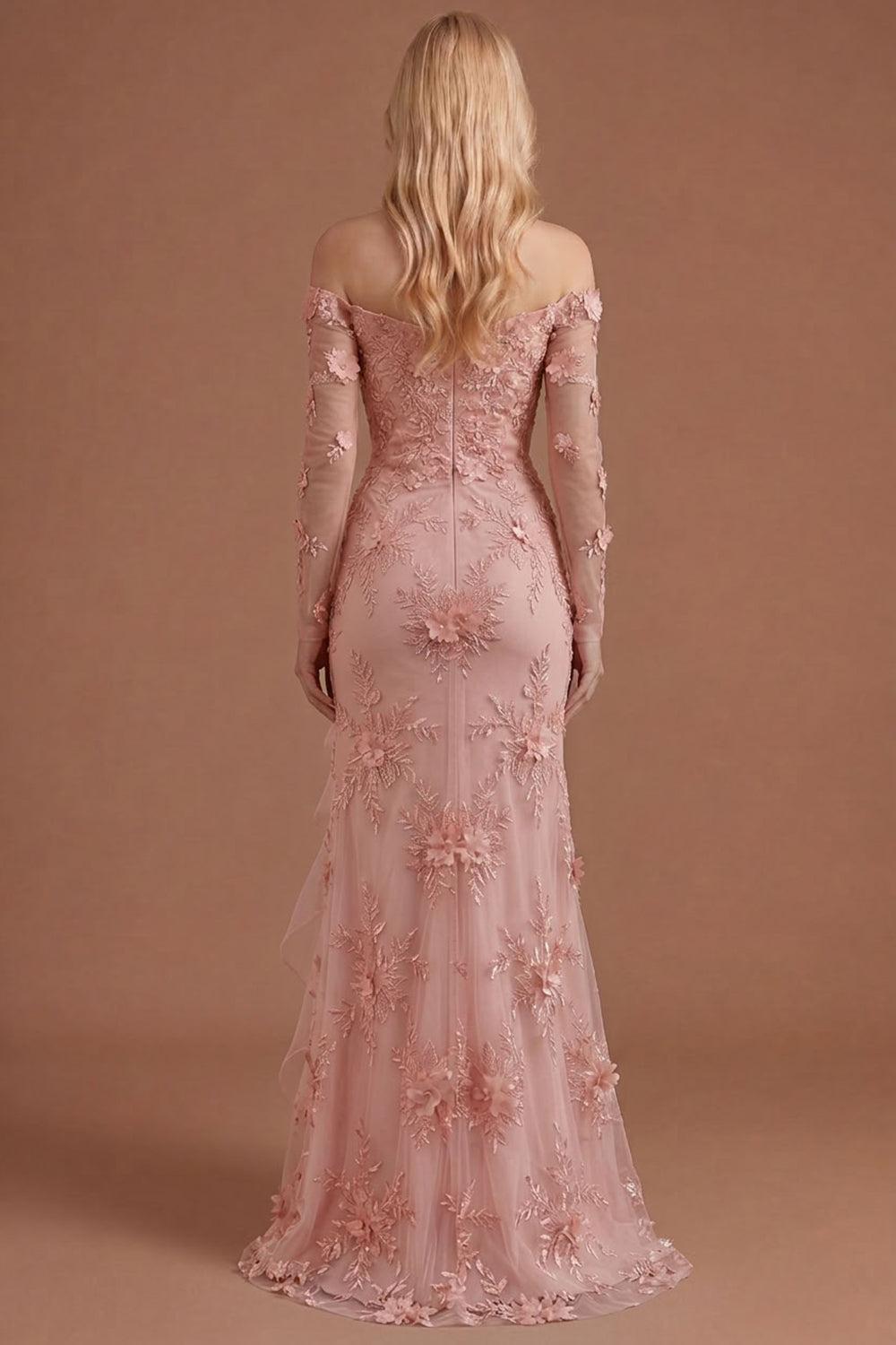 Yellow Floral Appliqued Off the Shoulder Ruffled Long Prom Dress with Slit