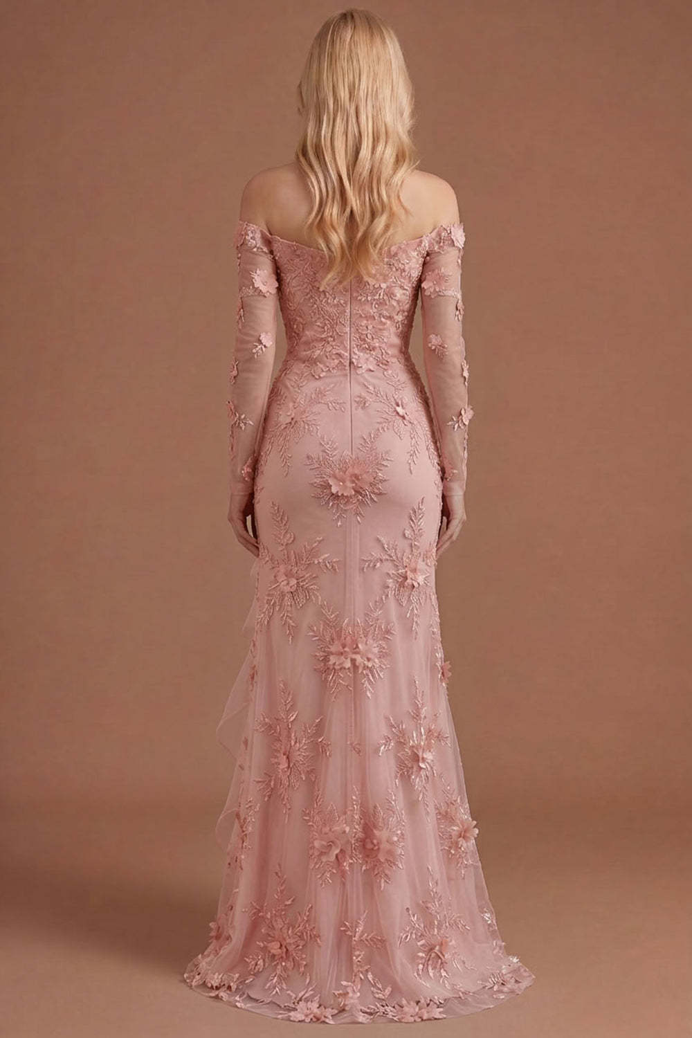 Yellow Floral Appliqued Off the Shoulder Ruffled Long Prom Dress with Slit