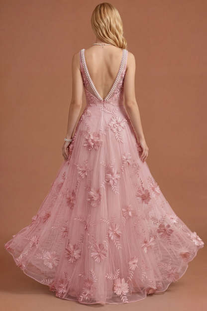 Sparkly Beaded Yellow A Line Square Neck Floral Appliqued Long Prom Dress