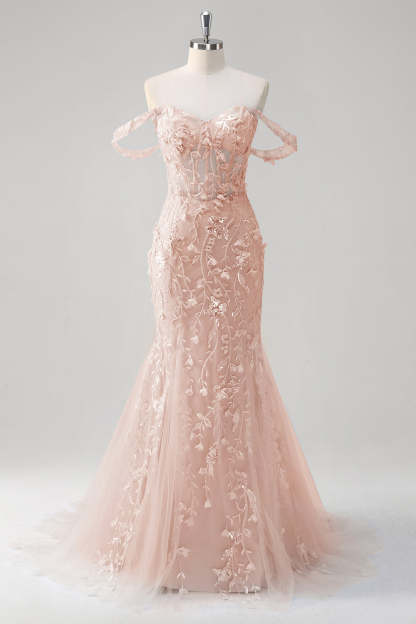 Corset Applique Blue Off the Shoulder Mermaid Prom Dress with Beading