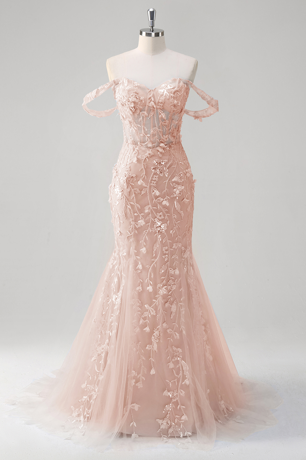 Leely Women Blue Corset Applique Mermaid Prom Dress with Sequins Off the Shoulder Sweep Train Formal Dress