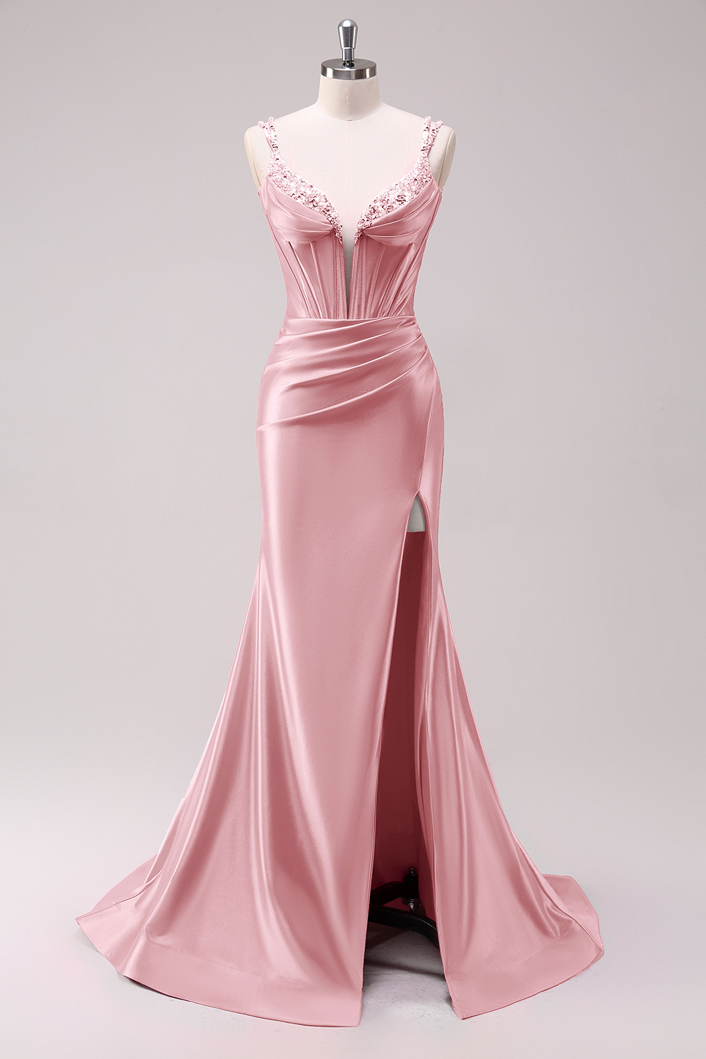 Fuchsia Mermaid Corset Sequin Sweep Train Prom Dress with Slit
