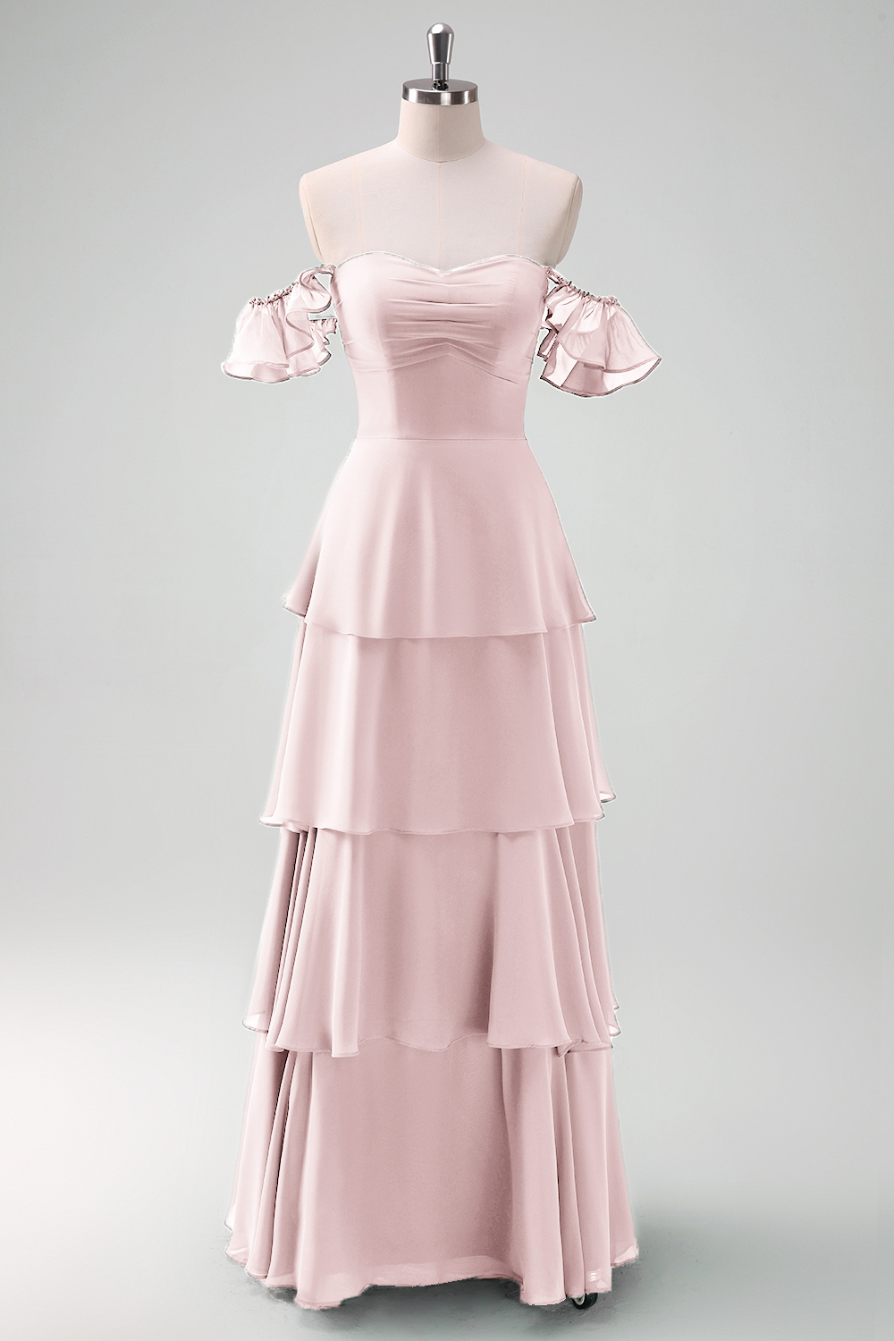 Eucalyptus Off the Shoulder Tiered Chiffon Bridesmaid Dress