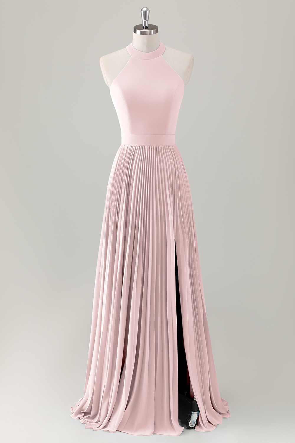 Grey Blue A-Line Halter Long Bridesmaid Dress with Slit