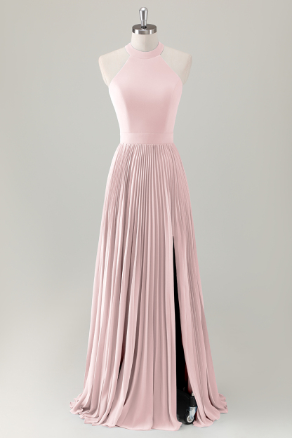 Grey Blue A-Line Halter Long Bridesmaid Dress with Slit