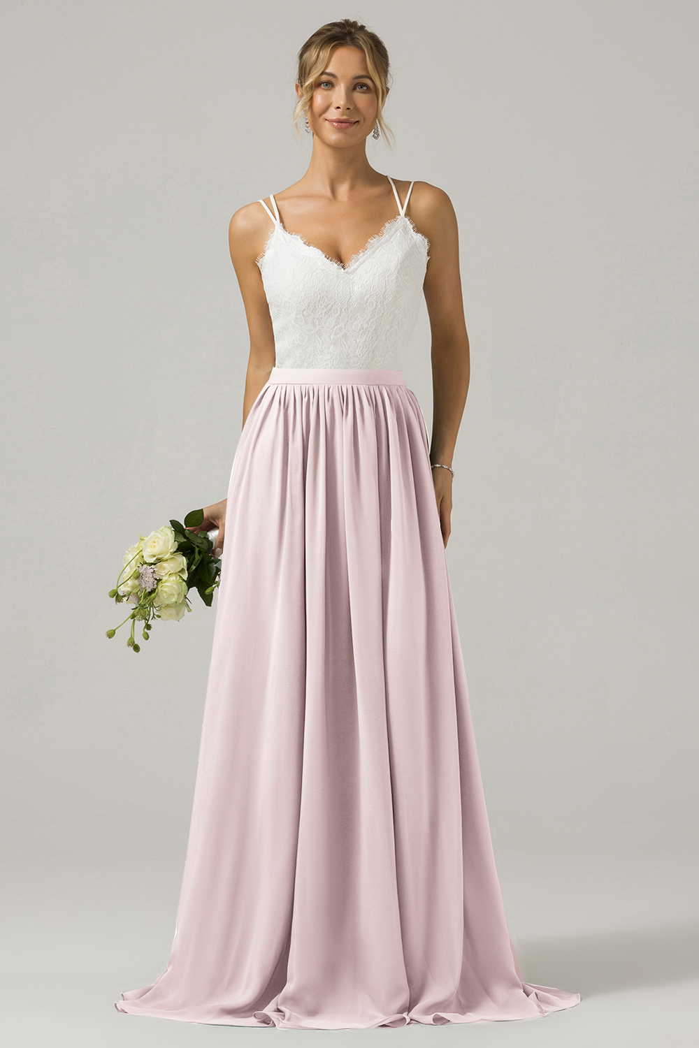 Eucalyptus A-Line Spaghetti Straps Pleated Long Bridesmaid Dress With Lace
