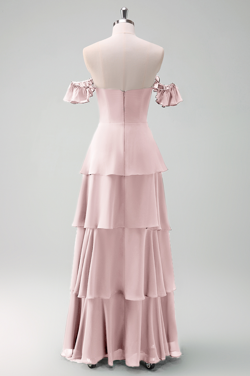 Eucalyptus Off the Shoulder Tiered Chiffon Bridesmaid Dress