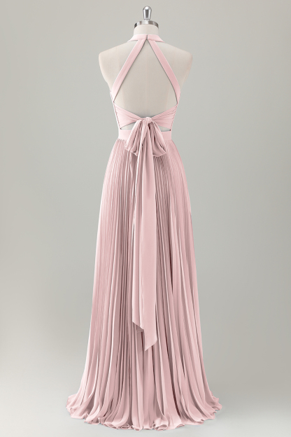 Grey Blue A-Line Halter Long Bridesmaid Dress with Slit