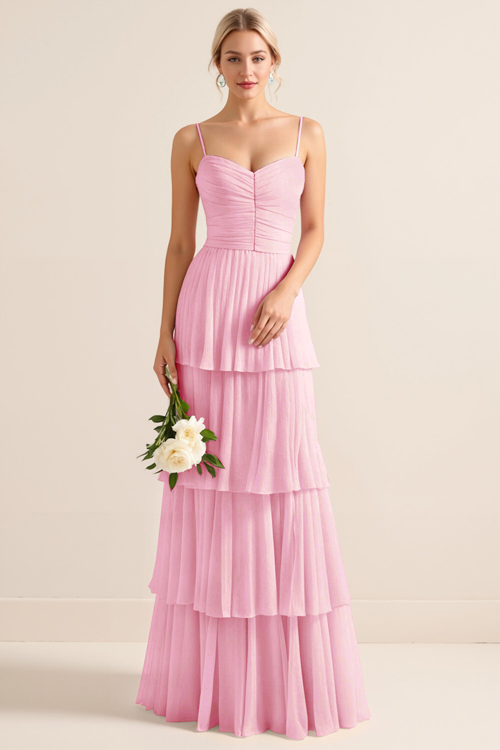 Candy Pink Spaghetti Straps A Line Tiered Maxi Bridesmaid Dress