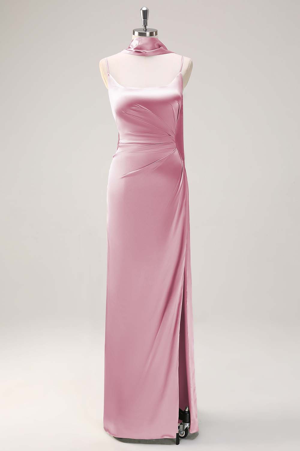 Sage Scoop Neck Sheath Satin Bridesmaid Dress with Ribbon