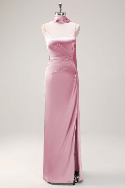 Sage Scoop Neck Sheath Satin Bridesmaid Dress with Ribbon