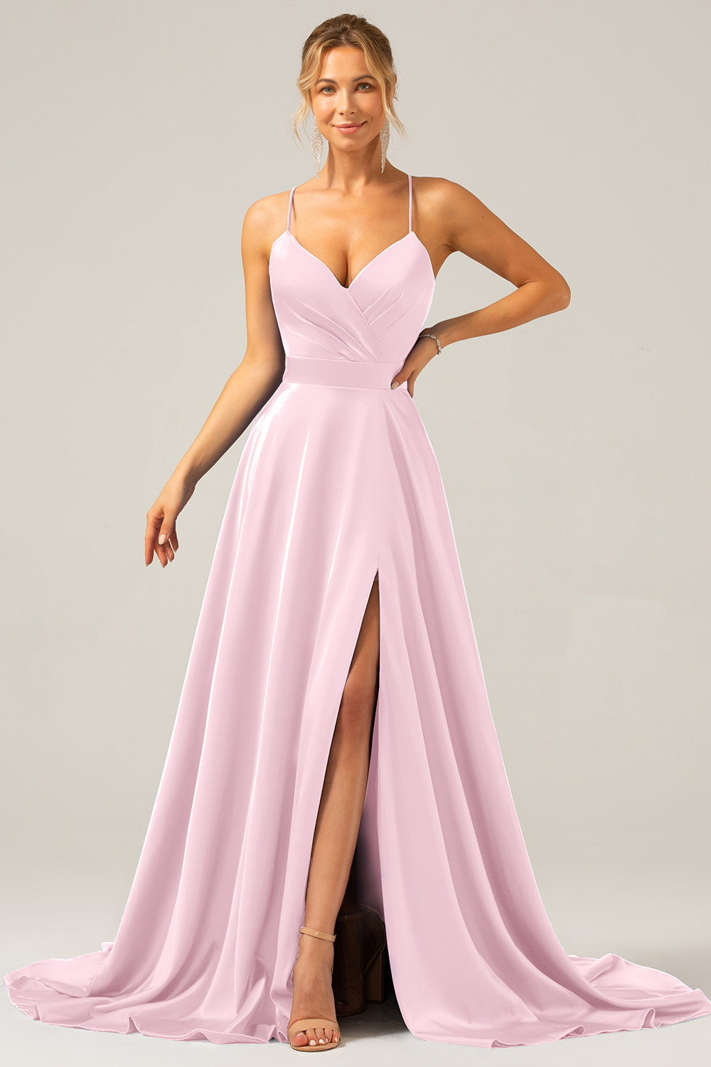 A Line Satin Royal Blue Spaghetti Straps Prom Dress with Slit