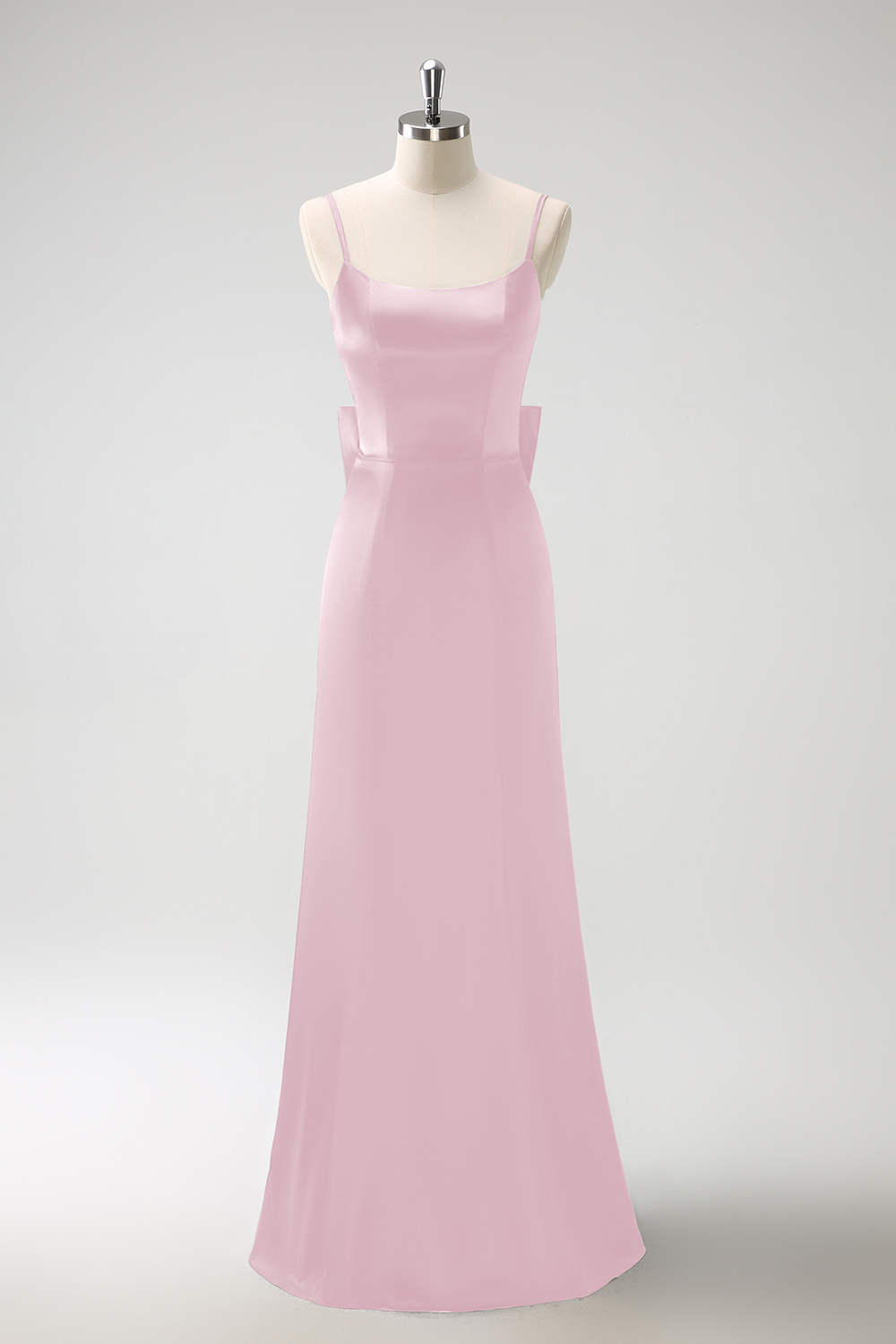 Black Mermaid Spaghetti Straps Ruffed Bow Back Satin Long Bridesmaid Dress