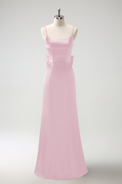 Black Mermaid Spaghetti Straps Ruffed Bow Back Satin Long Bridesmaid Dress