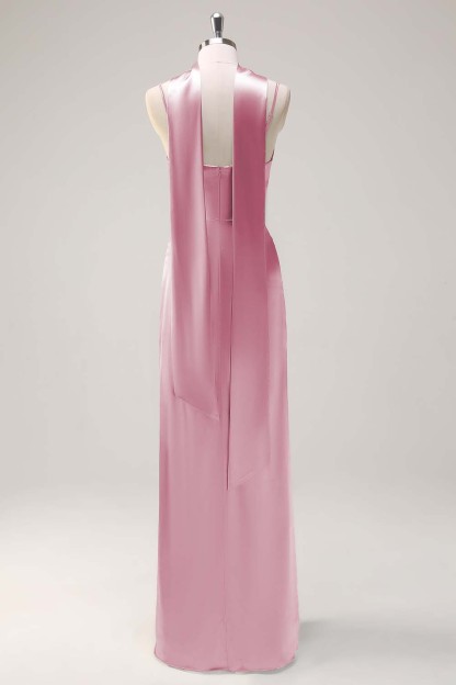 Sage Scoop Neck Sheath Satin Bridesmaid Dress with Ribbon
