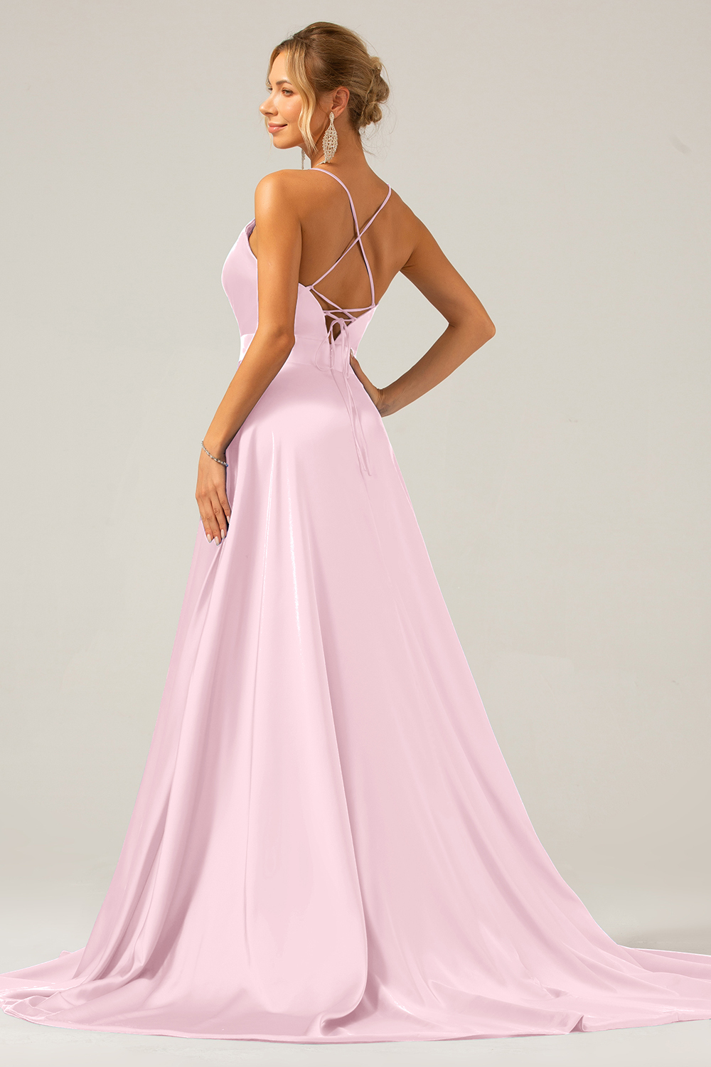 A Line Satin Royal Blue Spaghetti Straps Prom Dress with Slit