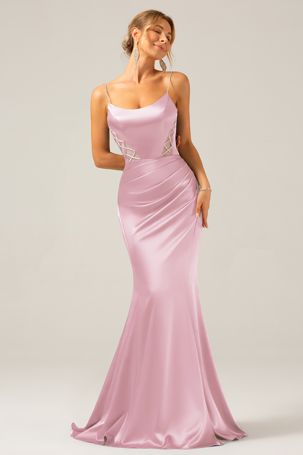 Grey Blue Mermaid Satin Spaghetti Straps Long Bridesmaid Dress