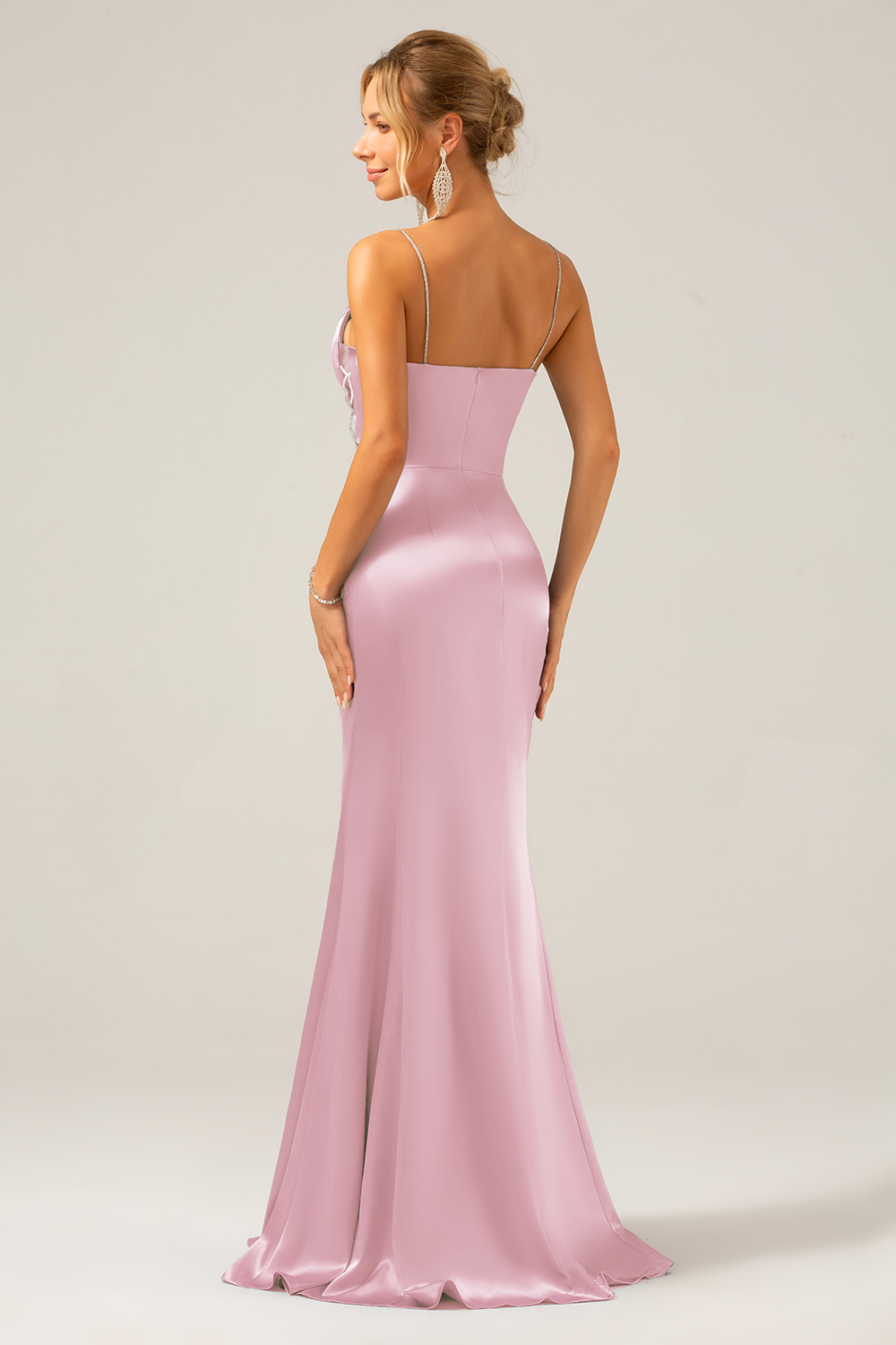 Grey Blue Mermaid Satin Spaghetti Straps Long Bridesmaid Dress