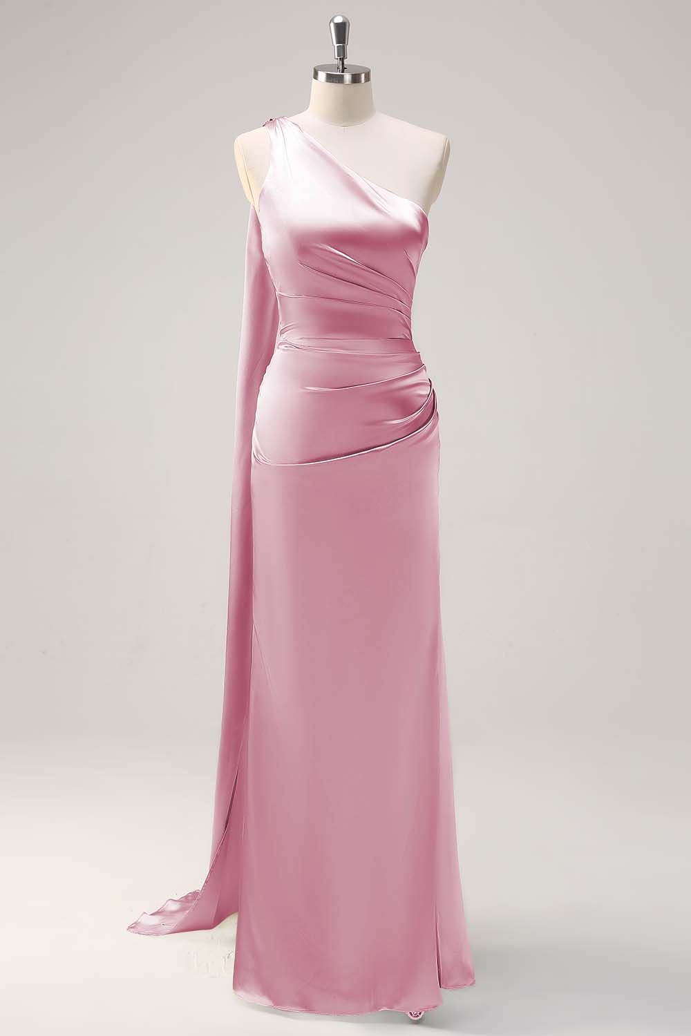 Sage One Shoulder Sheath Satin Watteau Train Bridesmaid Dress