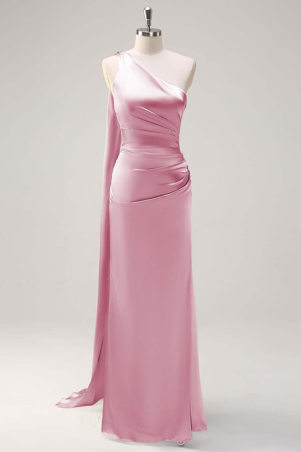Sage One Shoulder Sheath Satin Watteau Train Bridesmaid Dress