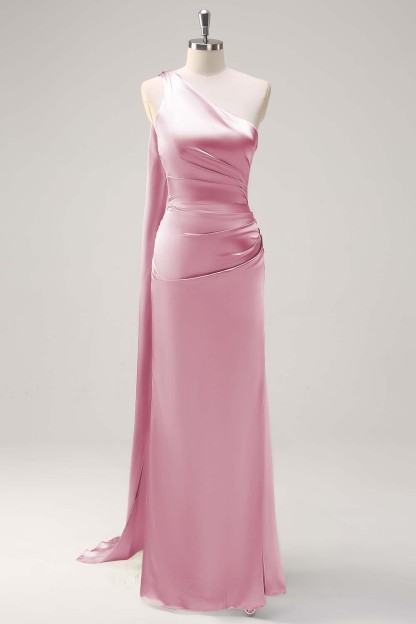 Sage One Shoulder Sheath Satin Watteau Train Bridesmaid Dress