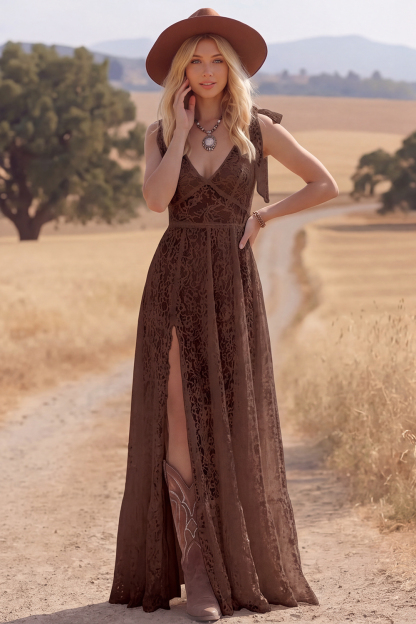 White Lace Bow Tie Straps A Line Maxi Boho Western Wedding Dress with Slit