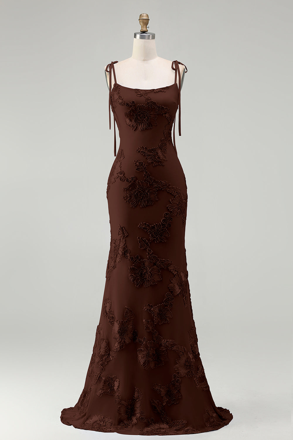 Light Blue Floral Appliqued Spaghetti Straps Mermaid Long Prom Dress