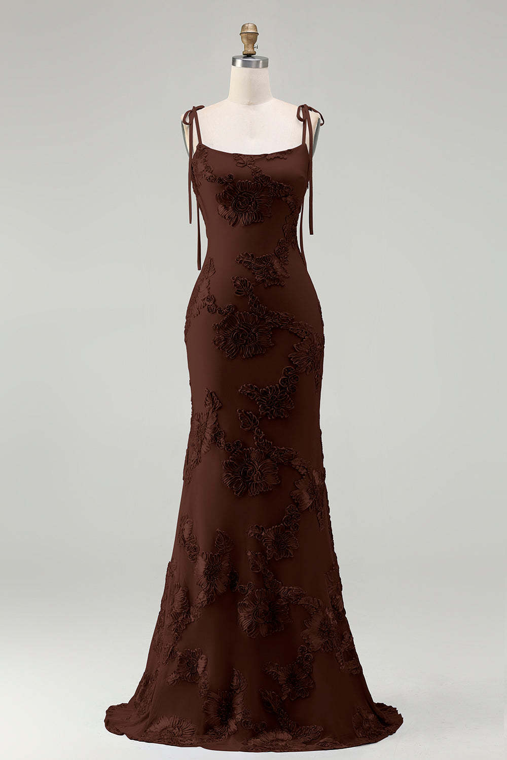 Light Blue Floral Appliqued Spaghetti Straps Mermaid Long Prom Dress