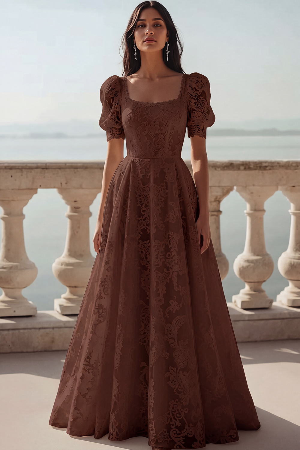 White Lace Square Neck A Line Long Wedding Reception Dress