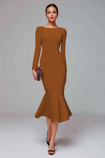 Elegant Midi Red Mermaid Long Sleeves Work Dress