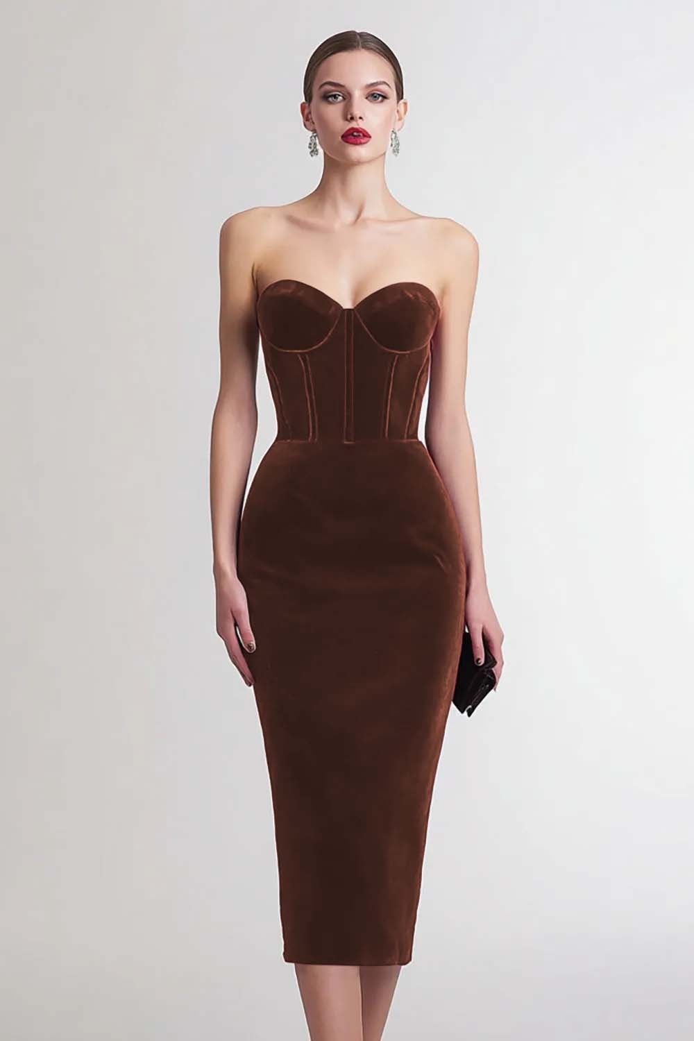 Burgundy Sheath Corset Sweetheart Midi Velvet Holiday Party Dress