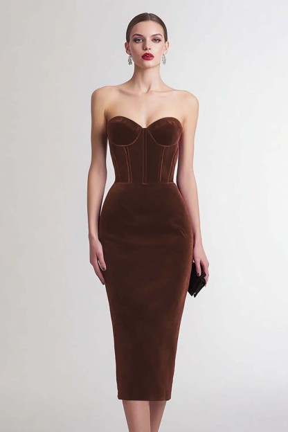 Burgundy Sheath Corset Sweetheart Midi Velvet Holiday Party Dress