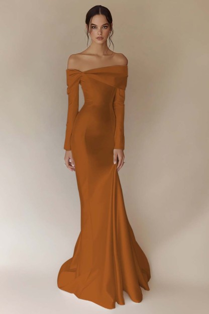 White Satin Off the Shoulder Sheath Maxi Rehearsal Dinner Dress with Sleeves