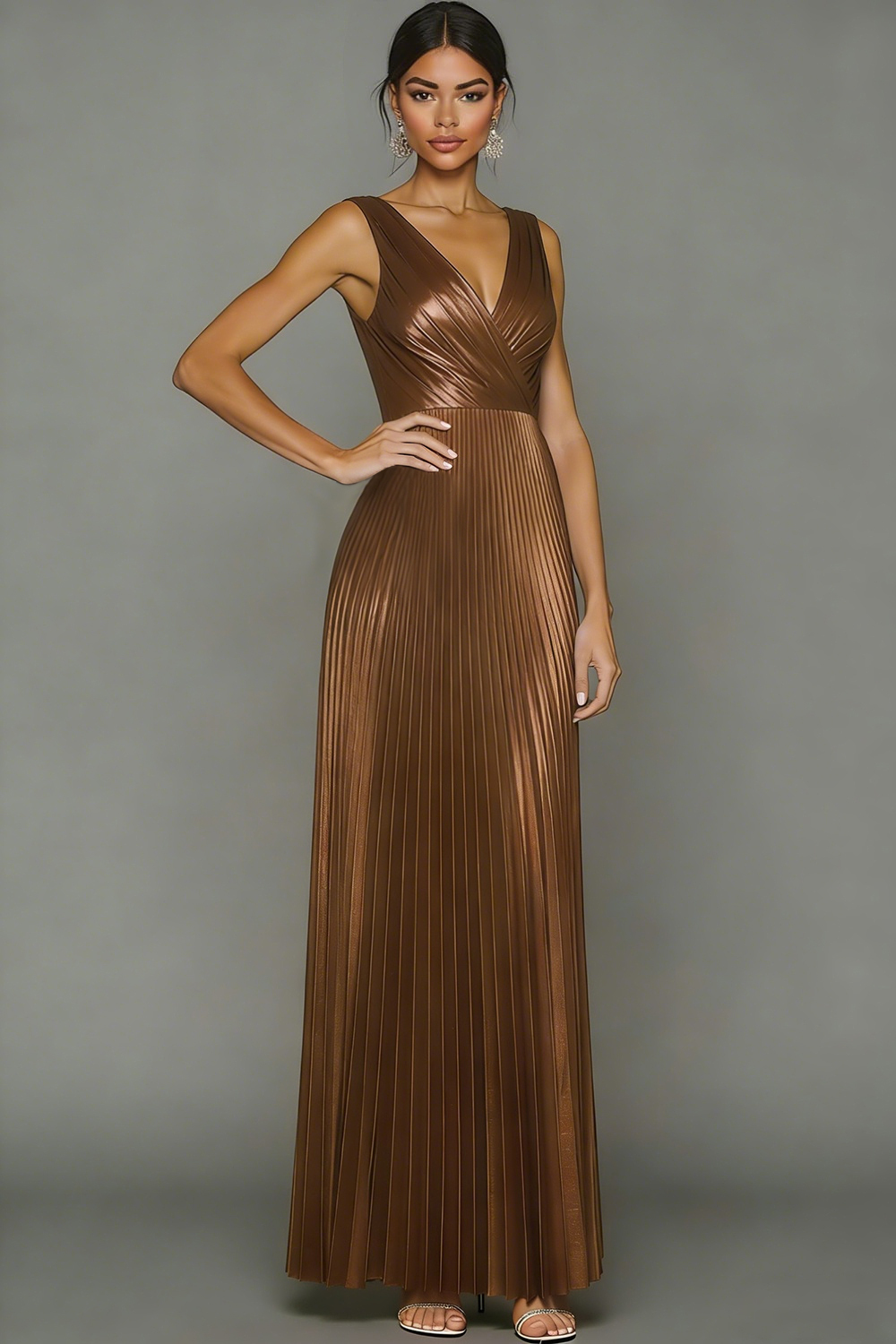 Leely Women Fuchsia A Line Maxi Evening Dress Metallic V-Neck Pleated Formal Dress