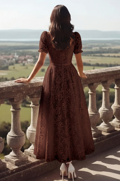 White Lace Square Neck Long Wedding Reception Dress with Sleeves