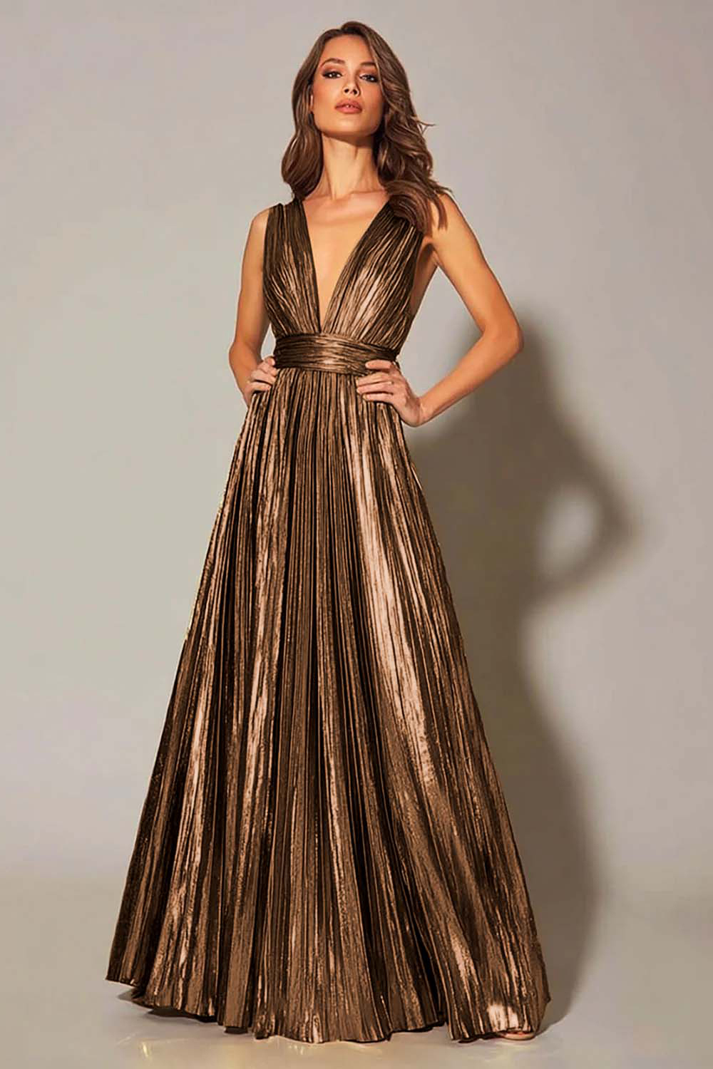 Gold Metallic Pleated V-Neck A-Line Long Formal Dress